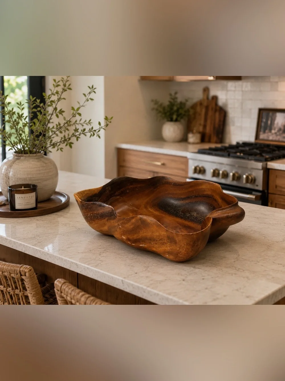 vintage hand-carved monkey pod wood freeform leaf dish with a rich, wavy grain a